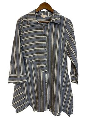 Striped Long Sleeve Collared Button Down Tunic Sharkbite Hem Denim Cotton XL